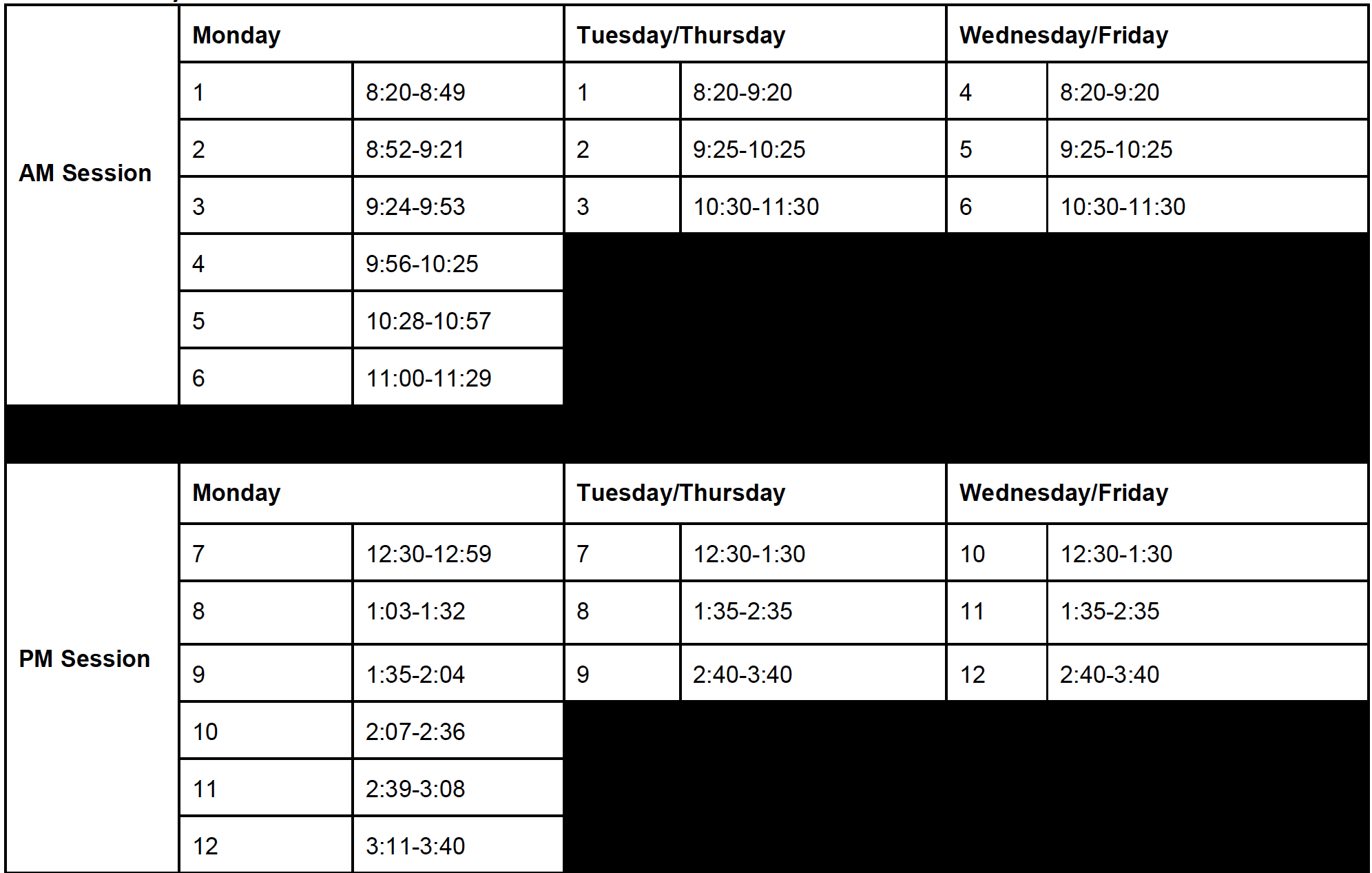 bell schedule update
